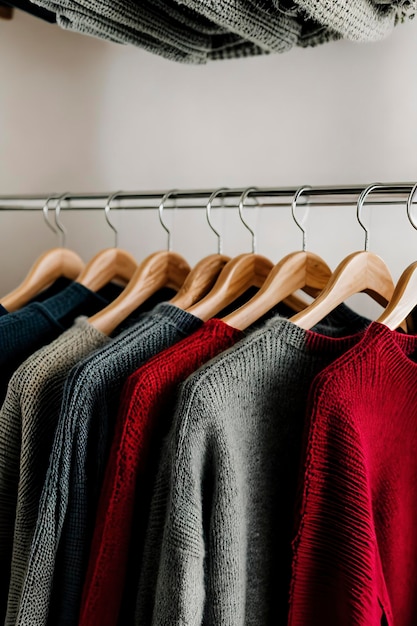 Photo warm knitted clothes hanging on a rack