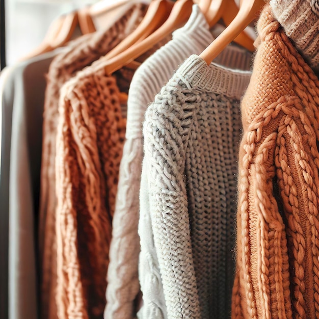 Warm knitted clothes hanging on a rack