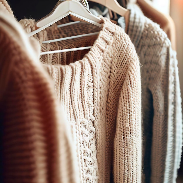 Warm knitted clothes hanging on a rack