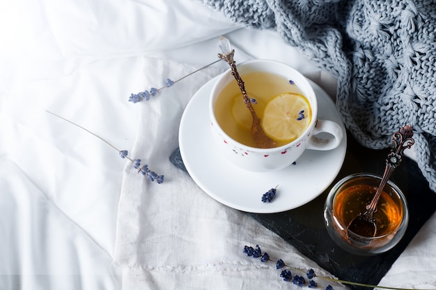 Warm knitted sweater,cup of hot tea