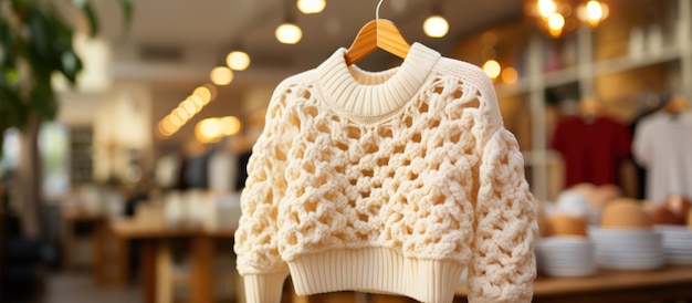 Warm knitted sweater on hanger in store closeup