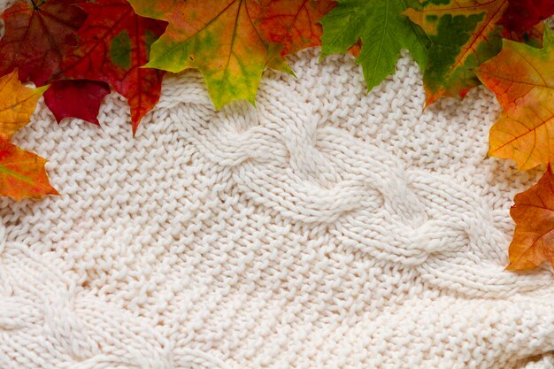 Warm knitted sweater leaves plaid and a book on a wooden table