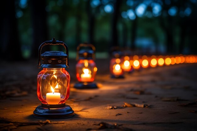 Foto warm licht van een lantaarn werpt een zachte gloed op de omringende theelampen