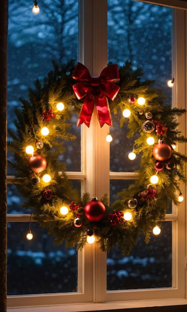 クリスマス リースのある窓から輝く暖かい光