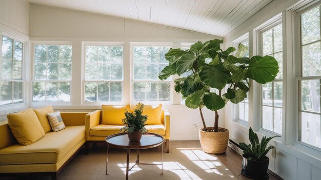 Теплые и минималистские внутренние пространства с яркими комнатными растениями и естественным светом