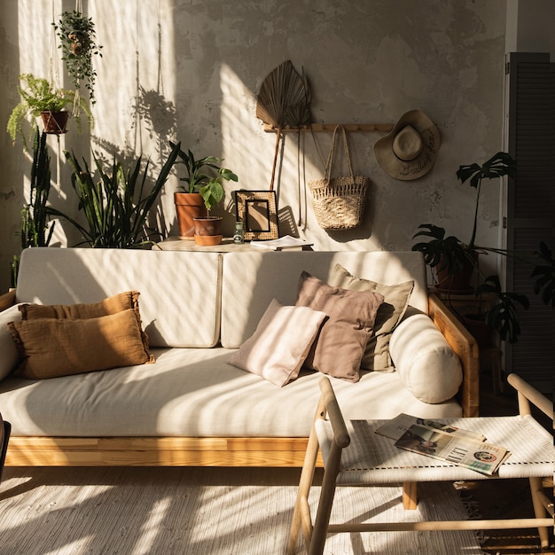 Warm modern interieur in boho-stijl. Bankstel, kussens, kamerplanten, tapijt en decoraties tegen betonnen muur