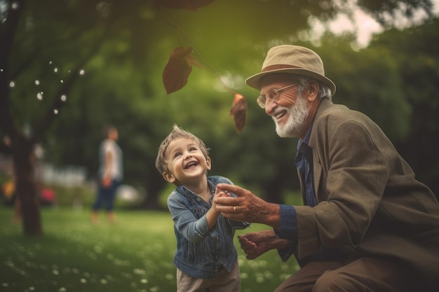 Warm moment tussen een jongen en zijn grootvader glimlachend onder een herfstboom