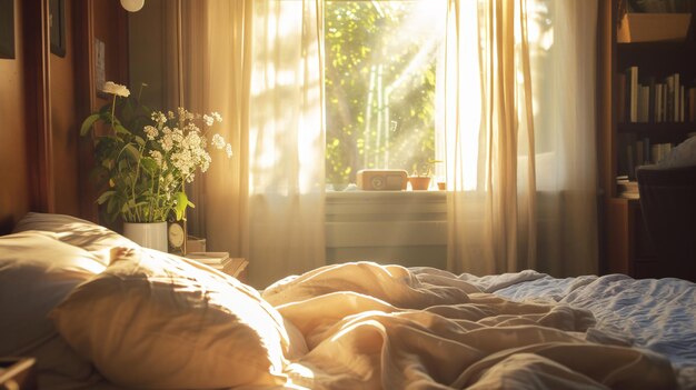 Photo warm morning light bathes a serene bedroom creating a peaceful ambiance soft rays playfully dance on the walls infusing the space with a sense of tranquility