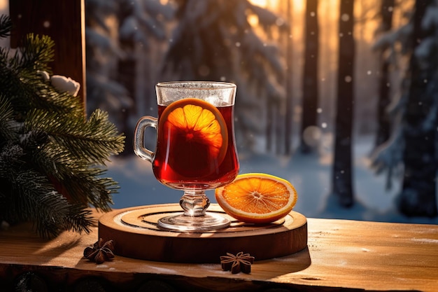 사진 따뜻 한 겨울 저녁 에 오렌지 조각 을 넣은 따뜻 한 술
