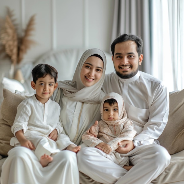 Photo warm muslim family embracing togetherness in modern home