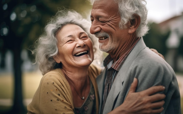 Warm old couple laughing happy in backyard