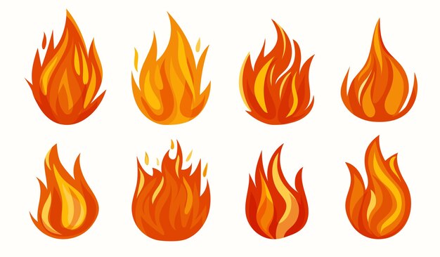Photo warm orange fire flames with hot sparks set bonfire collection cartoon style flaming blaze icon