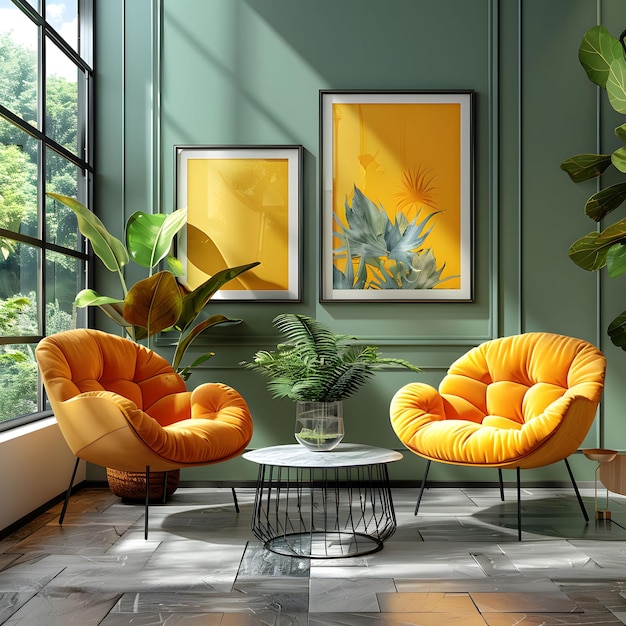 따뜻한 페인트: 녹색과 노란색의 색상 조합 가정 인테리어 공백 2 벽 프레임