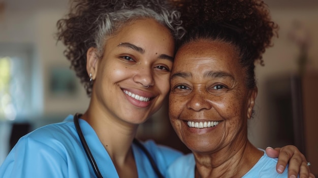 Photo warm portrait of a smiling young female caregiver with a senior woman conveying care and