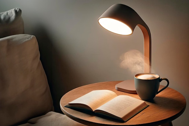 Photo warm reading nook with coffee and book under lamp light