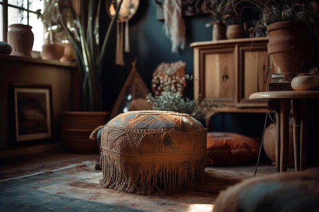 Warm room interior in boho style Neutral boho decor in light living room wicker lampssoft furniture green plants and candles AI generated