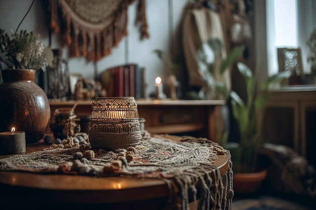 Warm room interior in boho style Neutral boho decor in light living room wicker lampssoft furniture green plants and candles AI generated