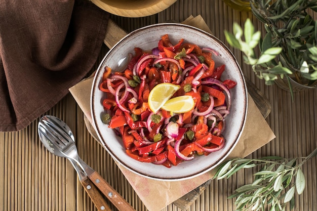 Warm salad or vegetable stew made from red beans and roasted red bell peppers Vegan food Thanksgiving Day