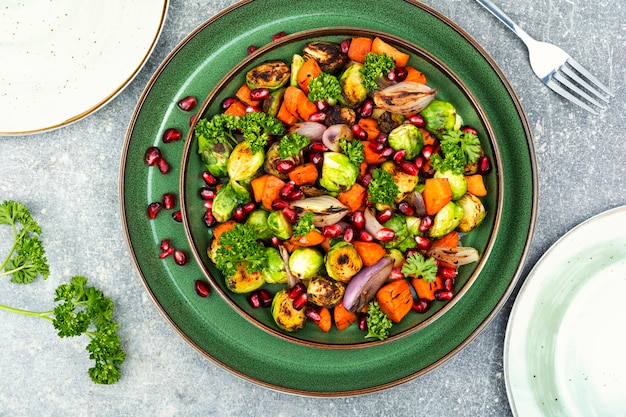 Warm salad with fried vegetables Vegan food