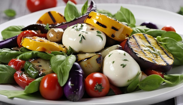 Photo warm salad with grilled vegetables and mozarella