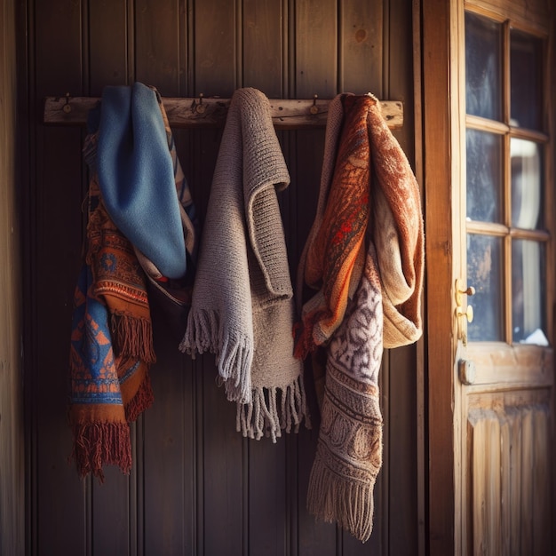 Warm scarves and mittens hanging by the door