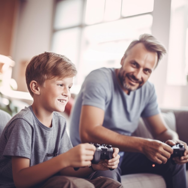 Warm scene of a bearded father and his young son playing video games smiling together in a cozy livi