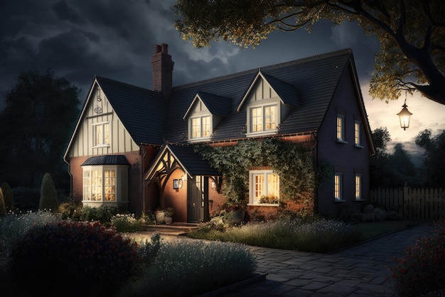 Warm scheme with cozy country cottage exterior of a classic house at night