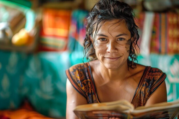 Foto un sorriso caldo una donna indigena che legge a casa sua