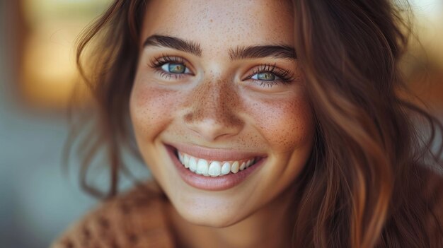 Foto il sorriso caloroso di una donna con le lentiggini e l'autenticità delle immagini arricchite dai metodi generativi dell'intelligenza artificiale