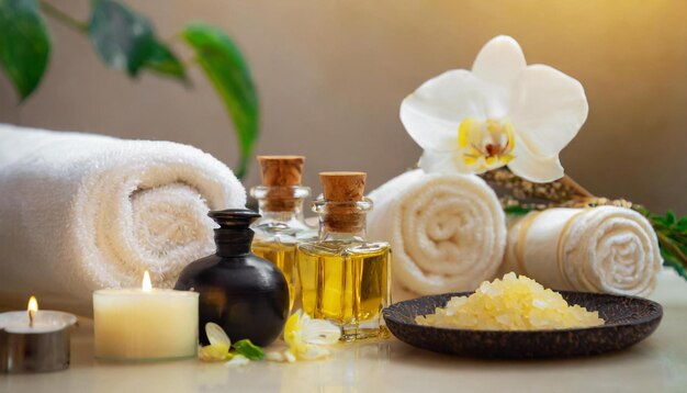 Photo warm spa background with candles orchid oil massage stones and towels on neutral background