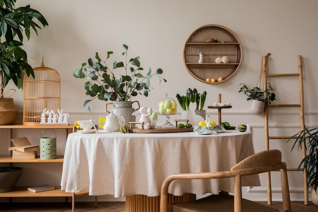 Warm and spring dining room interior with easter accessories round table vase with green leaves cake colorful eggs rabbit sculpture and personal accessories Home decor Template