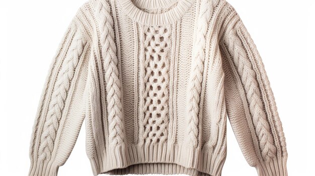 暖かくてスタイリッシュな編み物のセーター 白い背景で喜び