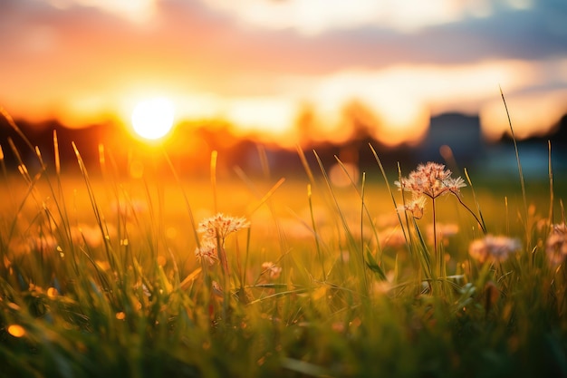 Warm Sunlight Bathing Peaceful Grass Field at Sunset Generative AI
