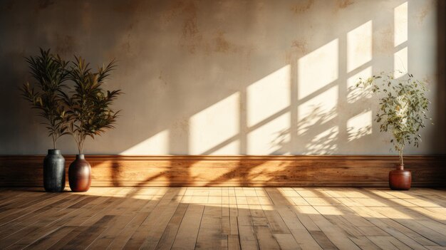 植物のある素朴な部屋に影を落とす暖かい日差し