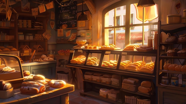 Warm sunlight fills the bakery casting a golden glow over the delicious pastries and breads