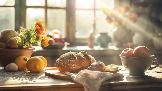 Warm sunlight fills the room casting a golden glow over the rustic table