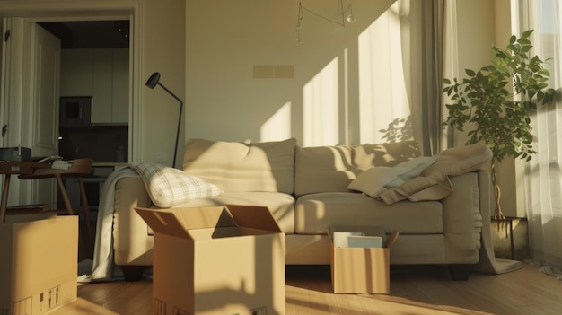 Photo warm sunlight filtering through a window into a cozy room amidst a moving day setting