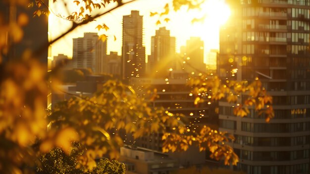 Фото Теплый солнечный свет проходит сквозь листья дерева на переднем плане, отбрасывая золотой свет на городской пейзаж.