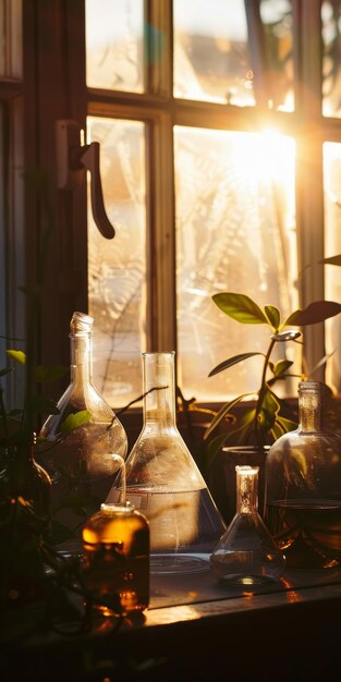 Warm Sunlight Streaming Through Vintage Glass Bottles on Windowsill