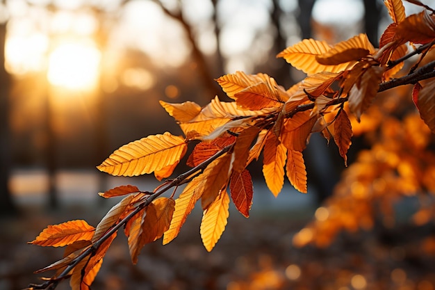 Warm sunlit autumn ambiance showcasing yellow leaves on tree branches