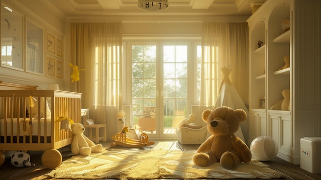 Теплая солнечная детская комната с детской кроватью, плюшевыми игрушками и комфортной внутренней эстетикой дома