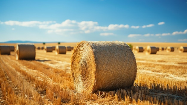 Warm sunny day bales of hay for livestock lie on the field autumn harvest generated by AI