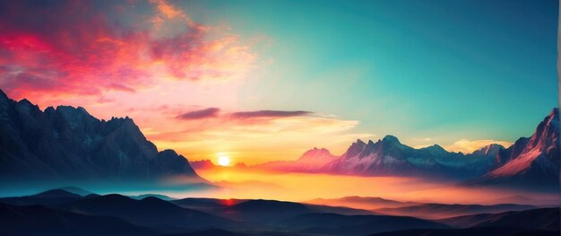 Warm sunset over jagged mountain peaks and valleys