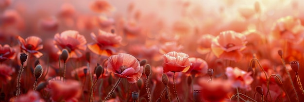 Warm sunset light bathes a tranquil field of poppy flowers accentuating their delicate features in a serene setting