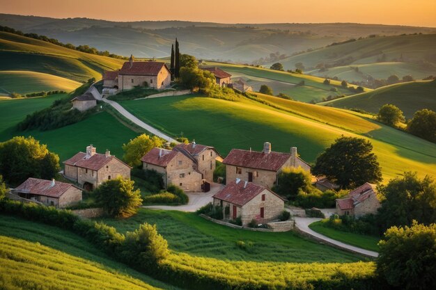 Foto caldo tramonto su un villaggio di colline