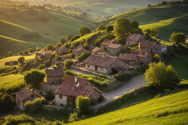 Caldo tramonto su un villaggio di colline