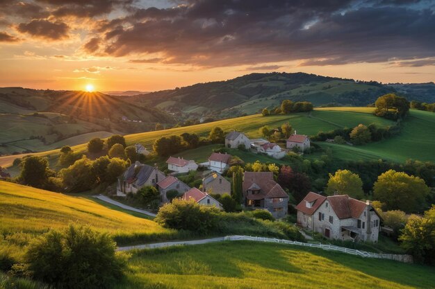 Warm sunset over a rolling hills village