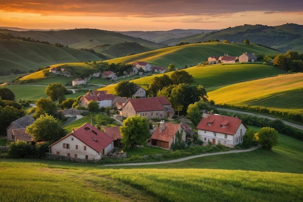 Warm sunset over a rolling hills village