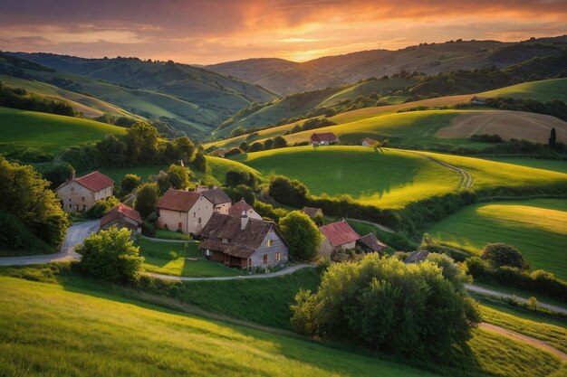 Warm sunset over a rolling hills village