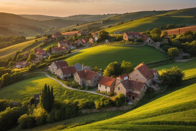 Warm sunset over a rolling hills village